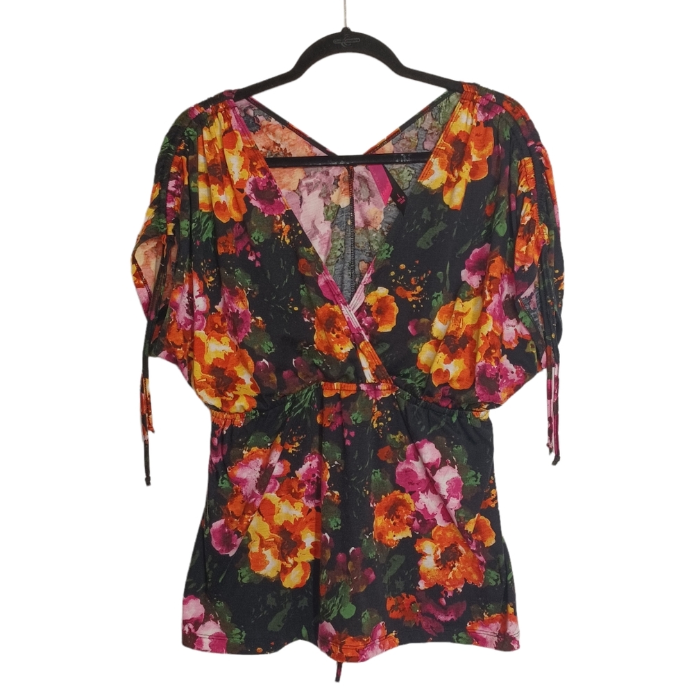 PURE ENERGY Colorful Pink Orange Floral Print V-Neck Ruched Sleeve Top 14/16